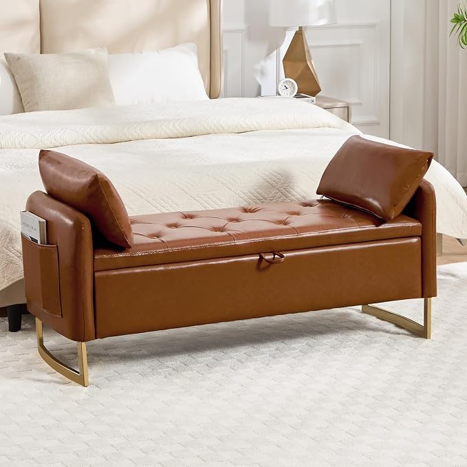 48" End of Bed Bench, Modern Storage Benches with Button-Tufted, Leather Upholstered Storage Ottoman Bench for Foot of Bed with Arms, Gold Legs Window and Entryway, Brown
