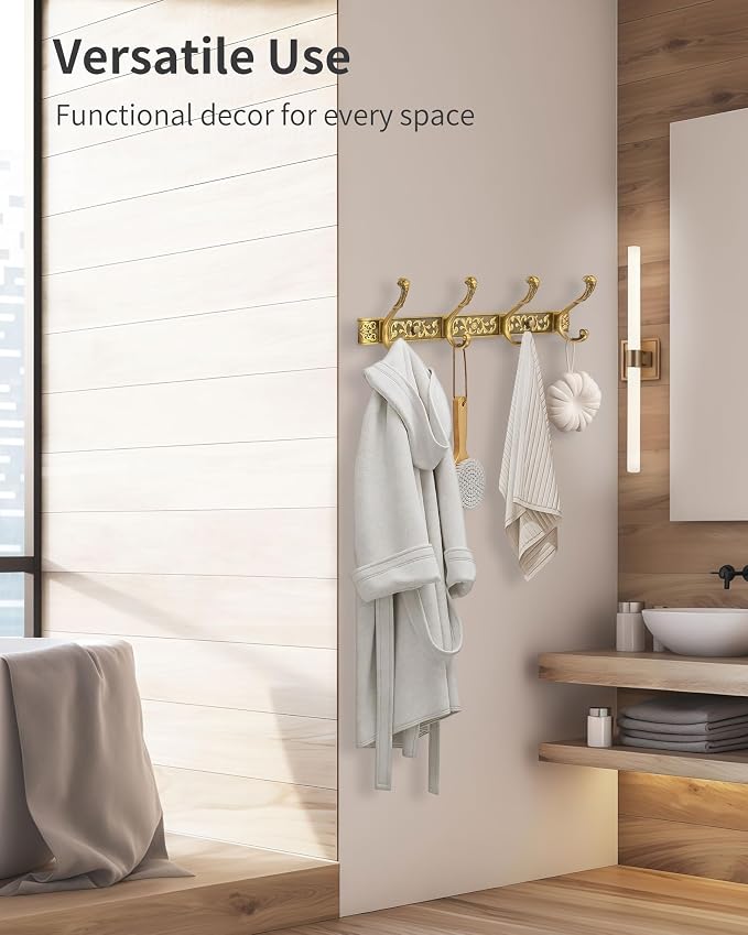 Vintage Coat Rack Wall Mount, Decorative Wall Coat Rack with 4 Hooks for Hanging Key Purse Hat Robe Towel Clothes Unique Hanger for Bathroom Shower Entryway Antique Brass 2 Pack
