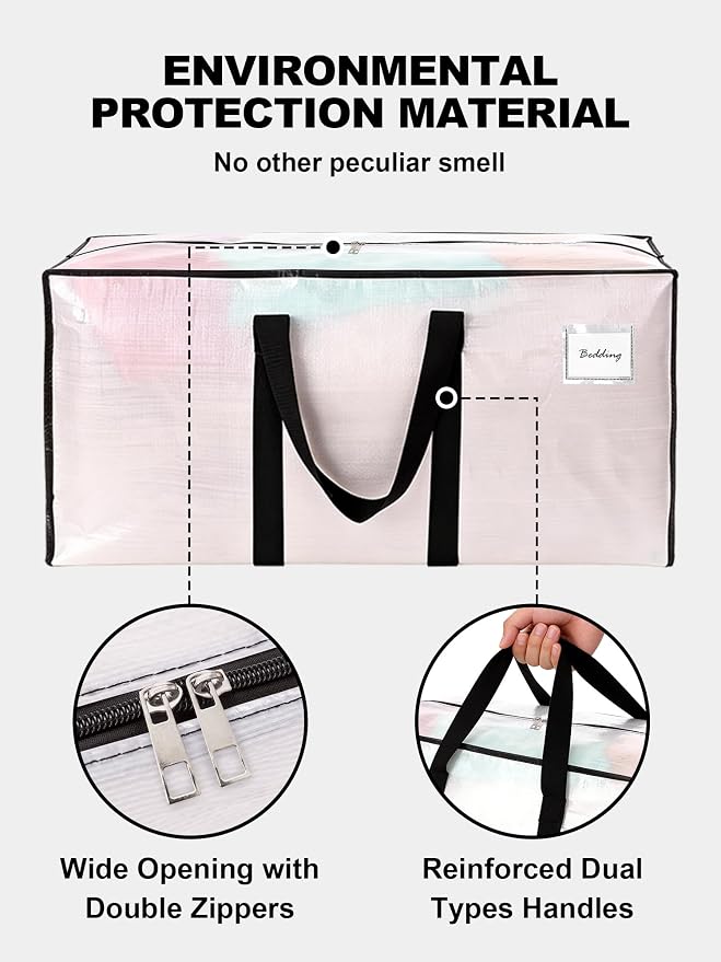 HOMESURE Supports 200lbs Heavy Duty Moving Bags - Strong Zipper & Wrap-Around Handles - Water-Resistant Storage Totes, Durable Alternative to Moving Boxes - 4 Pack - Semi-Transparent
