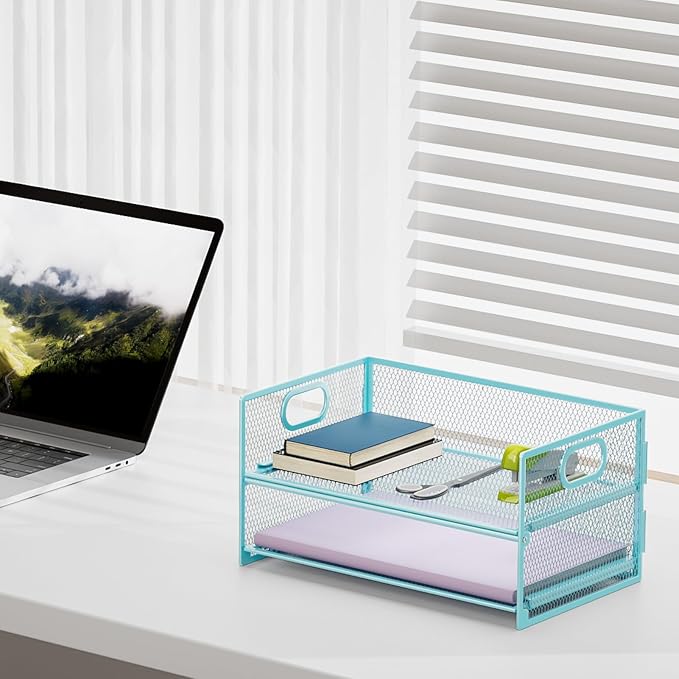 Marbrasse 2 Tier Paper Organizer Letter Tray, Mesh File Organizer with Handle, Paper Sorter Desk Organizer for Home Office Supplies - 2P Blue