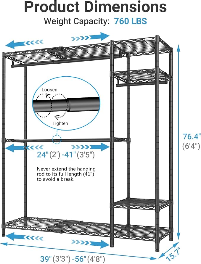 VIPEK X20 Expandable Metal Clothing Rack Adjustable from 3'3" to 4'8" Heavy Duty Garment Racks with Adjustable Shelves and Hanger Rods Portable Wardrobe Open Closet Rack System, Black
