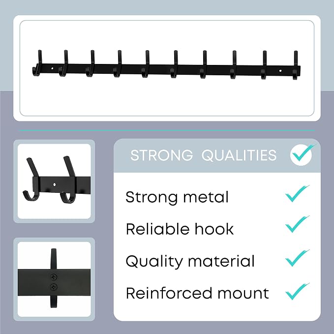 Coat Rack Wall Mount – 30 Inch Stainless Steel Hook Rail with 10 Double Coat Hooks for Hanging – Wall Mounted Entryway Organizer for Coats, Hats, Bags, Towels, Robes, Closet or Bathroom - Black 2 Pack