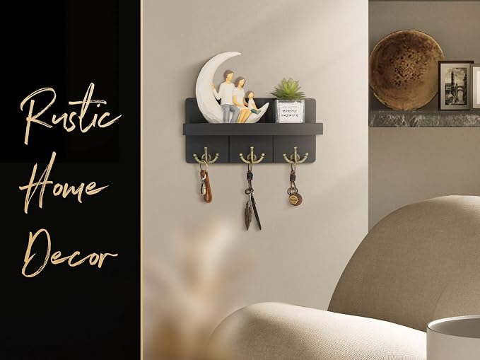 Rebee Vision Key Holder Wall Mount with 3 Hooks for Entryway, Modern Black | Key Holder for Wall, Floating Shelf, Plant Display, Mail Organizer, Rustic Key Hanger, Decorative Storage, Home Decor Accent