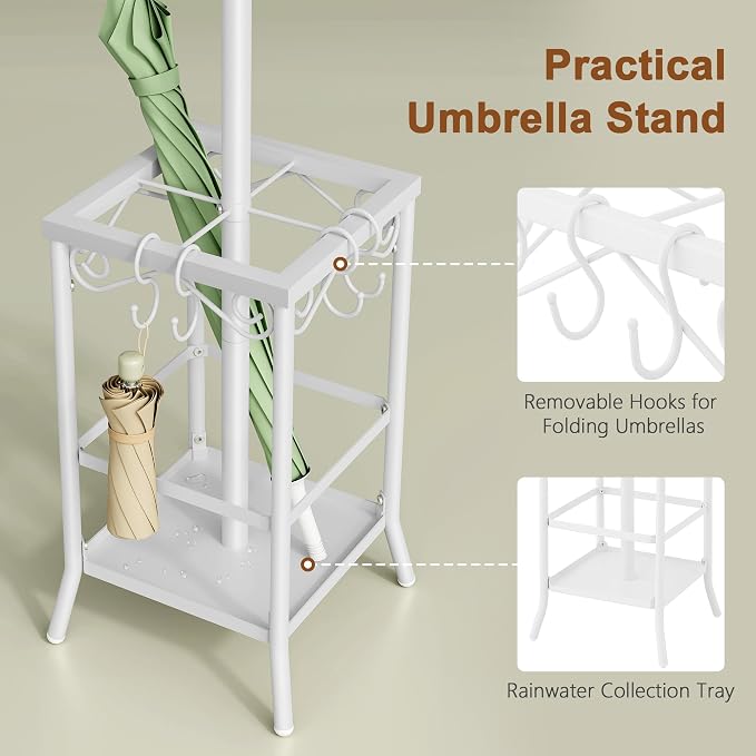 Hoctieon Coat Rack Freestanding, Coat Tree with Umbrella Holder, Metal Coat Rack Stand with 12 Hooks, Standing Coat Hanger Stand, Umbrella Stand for Entryway, Hat Rack Stand for Home Office, White | Metal Coat Rack Stand with 12 Hooks, Standing Coat Ha...