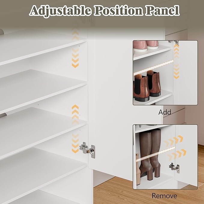 HUANLEGO Shoe Cabinet Storage for Entryway with Doors, White | 5 Tier Fluted Shoe Organizer with Adjustable Shelves, Shoe Storage with Wooden Legs, Freestanding Shoe Rack for Entryway
