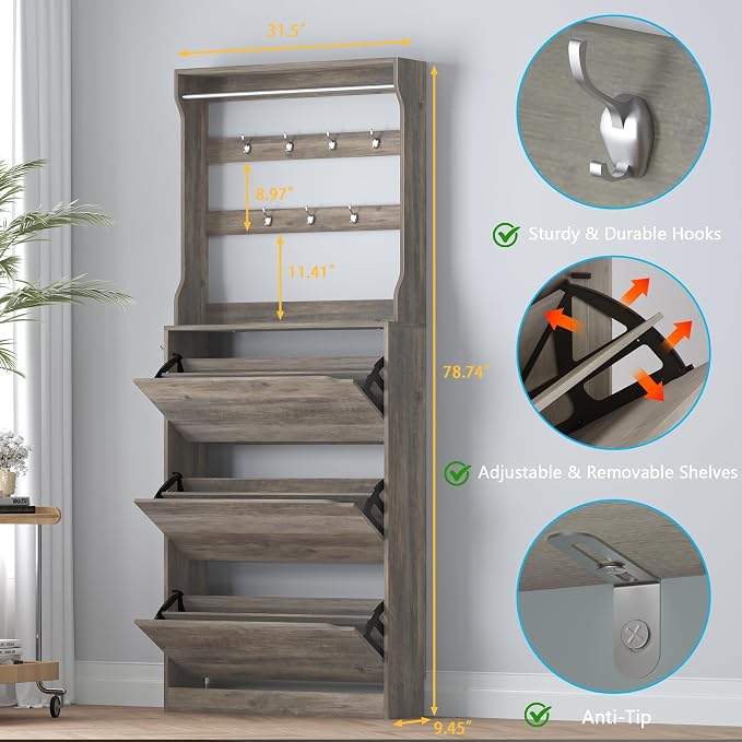 BORNOON Shoe Cabinet with 3 Flip Drawers & Coat Rack, Narrow Hidden Shoe Storage Cabinet, 2-in-1 Hall Tree Slim Freestanding Shoe Rack Organizer for Entryway, Hallway, and Living Room