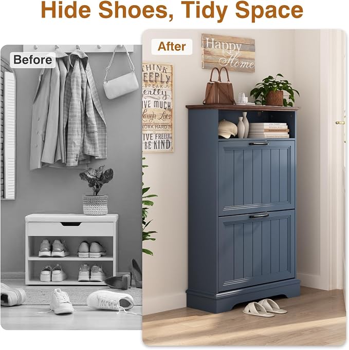 24" W Hidden Shoe Storage Cabinet with 2 Flip Drawers & Open Storage | Farmhouse Modern Shoes Rack Cabinet,Adjustable Shelves, Narrow Slim Shoes Organizer for Entryway,Foyer,Hallway,Navy Blue
