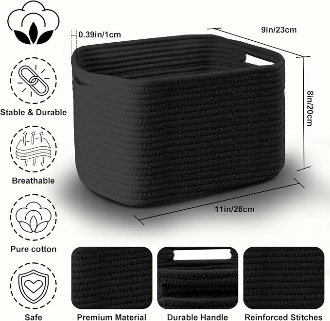 4 Pack Storage Baskets for Organizing, 11''Lx9''Wx8''H Woven Baskets for Storage Toys, Towels, Books, and Clothes, Cotton Rope Basket for Shelves with Handle