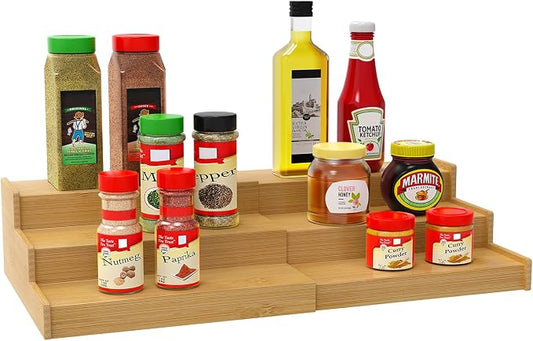 Lenwi Spice Rack Organizer for Cabinet, 3 Tier Expandable Bamboo Spice Storage for Kitchen Cupboard Pantry