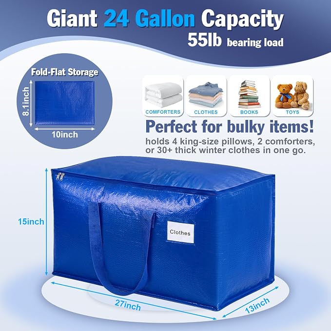 KYODOLED 4-Pack Extra Large Moving Bags, Lightweight Blue Storage Totes 24 Gal (27"x13"x15"), Heavy Duty 55lb Capacity PE Packing Bags for College Dorm, Closet Organization & Space Saving