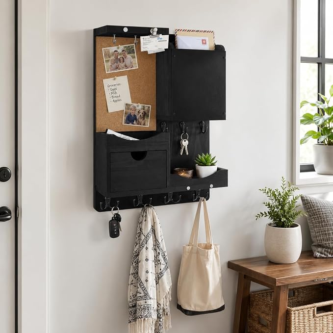 Key Holder Wall Mount, Mail Organizer Key Holder for Wall with Shelf, Drawer, Chalkboard, Corkboard, Home Decor Mounted for Room Entryway (Black)