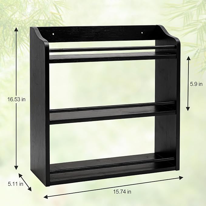 3 Tier Bamboo Spice Rack Wall Mount or Countertop,Spice Organizer | Seasoning Jars Rack Spice Shelf Organizer for Kitchen Counter or Wall Mounting (Black)