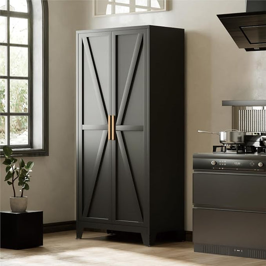 Bevivog 71" Kitchen Pantry Cabinet, Metal Storage Cabinet with 2 Doors and 4 Adjustable Shelves, Farmhouse Black Metal Pantry Cabinets Storage for Kitchen, Home Office,Garage, Laundry Room