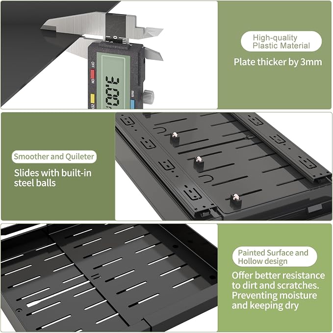 DOMNIU Pull Out Cabinet Organizers Expandable,Black,16.9" Depth,2 Pack | Plastic Slide Out Drawers for Kitchen, Bathroom, Pantry, Under Sink Storage, Fixed with Adhesive Nano Film (11.6''-17.5'')