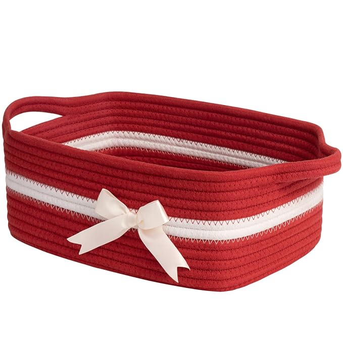 CHICVITA Small Woven Rope Gift Basket,Decorative Christmas Basket, Red | 13" x 10" x 5", Toys, Towels, Baby Essentials & Party Supplies Organizer, Shelf & Living Room Storage, Built-In Handles