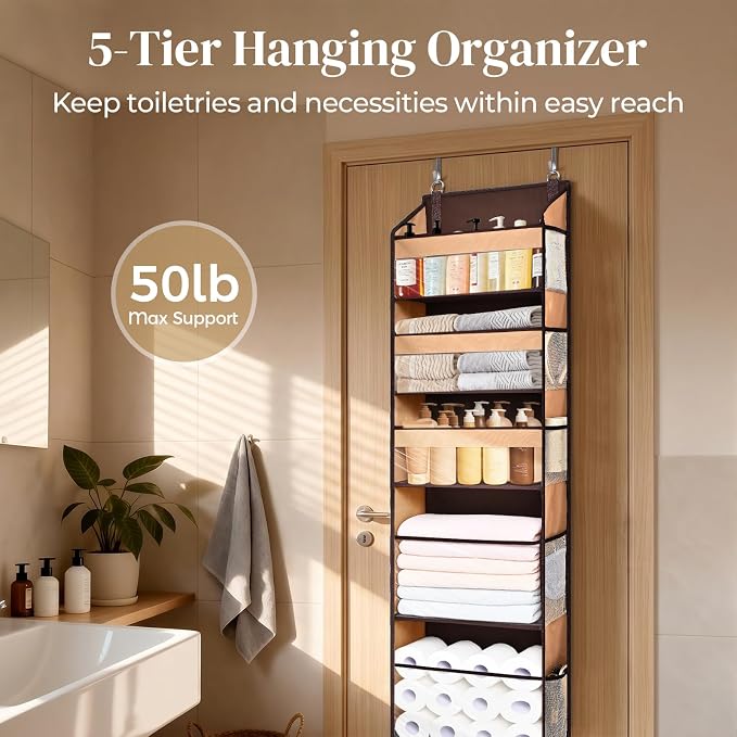 5 Tiers Over Door Organizer with 10 Mesh Side Pockets, 44 lbs Weight Capacity Hanging Storage Organizer with Clear Window Kids Toys, Shoes, Diapers, Brown