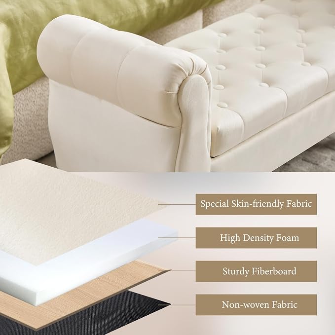 47″ Storage Bench with Arms End of Bed Bench,Velvet Entryway Bench with Storage, Button Tufted Upholstered Ottoman Bench Wood Legs, Window Sitting Bench for Bedroom/Living Room/Hallway, Cream