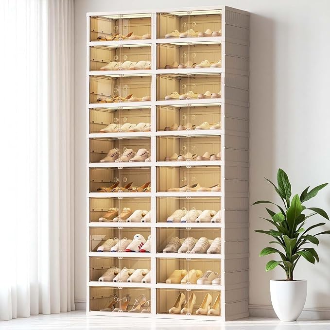 Shoe Rack Storage Cabinet Organizer 10 Tiers 40 Pairs Shoes Box Foldable Stackable Closet Shelf, Entryway, Living Room Large Container with Magnetic Clear Door, Dustproof for Sneakers & Boots