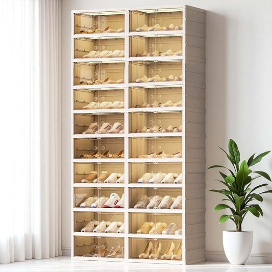 Shoe Rack Storage Cabinet Organizer 10 Tiers 40 Pairs Shoes Box Foldable Stackable Closet Shelf, Entryway, Living Room Large Container with Magnetic Clear Door, Dustproof for Sneakers & Boots