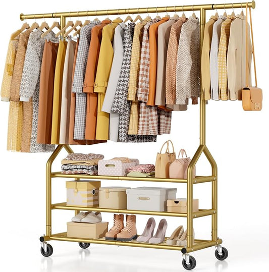 EAGMAK Heavy Duty Clothes Rack Load 688 LBS, Rolling Clothing Rack With 3 Shelves, Adjustable Metal Clothes Hanger with Wheels Portable Wardrobe Organizer Garment Rod for Hanging Clothes (Gold)