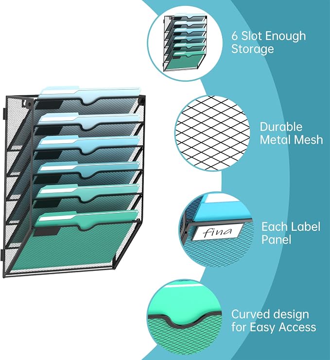 SUPEASY 6-Tier Wall File Organizer, Wall Mounted Mail Sorter, 2 Pack | Metal Mesh Hanging File Organizer with Open Compartments and Label Panels for Papers and Folders at Home, Office or School