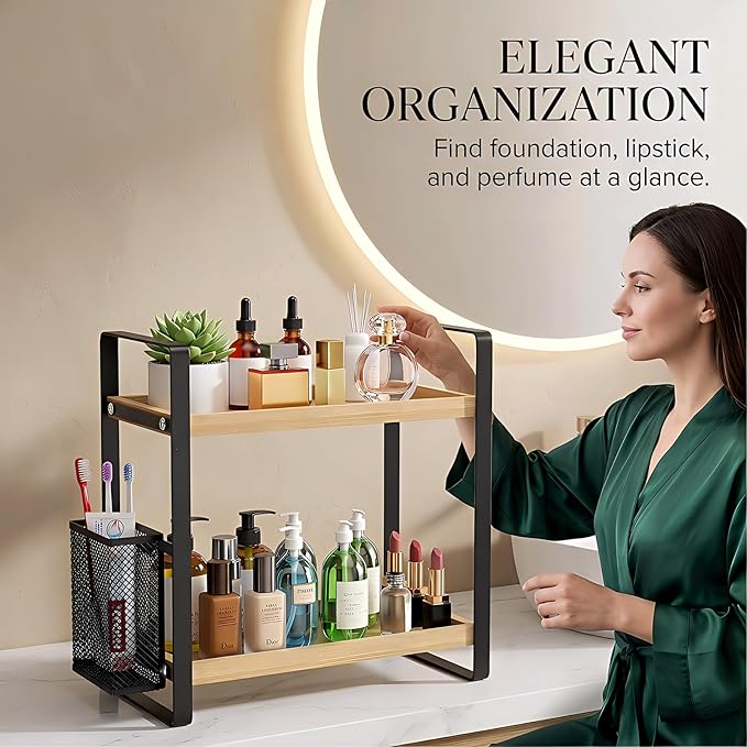 2-Tier Wood Bathroom Counter Organizer with Basket,Waterproof Vanity Perfume Skincare Storage for Bathroom, Kitchen, Dresser