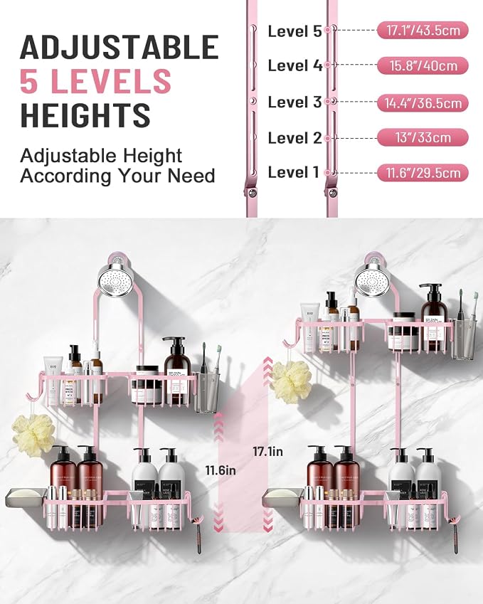 Adjustable Shower Caddy Hanging for Handheld Showerheads - Never Rust Shower Hanging Organizer, Upgraded Bathroom Shower Rack with Soap Basket, Hooks and Toothbrush Holder (Pink)