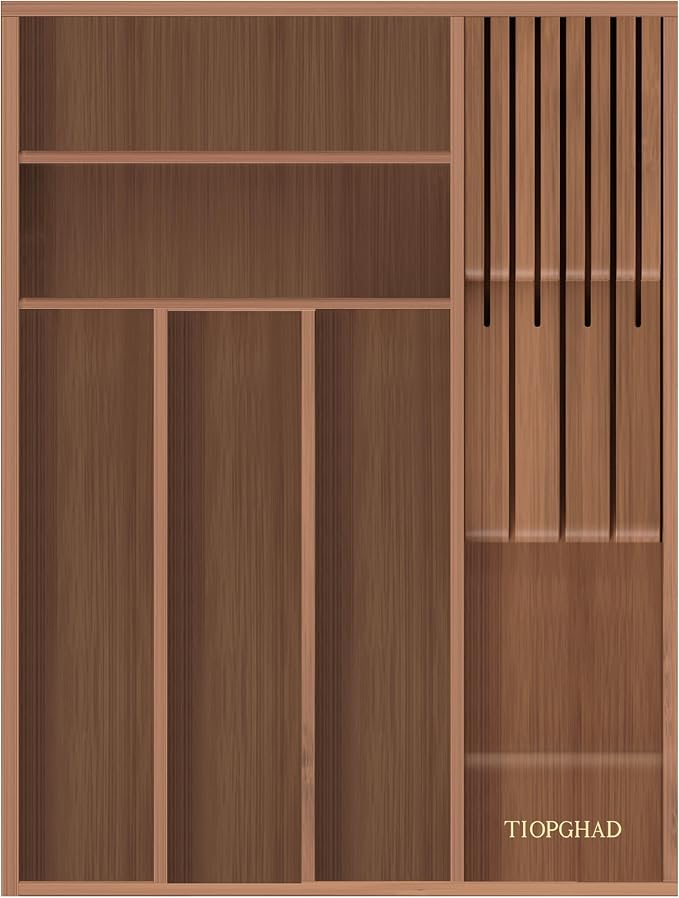 Small Bamboo Silverware Organizer Kitchen Utensil Tray, Brown | Removable Knife Block, Holds 7 Knives, Adjustable Dividers, 15.6 x 12 x 1.8 in, Drawer Insert for Utensils, Forks
