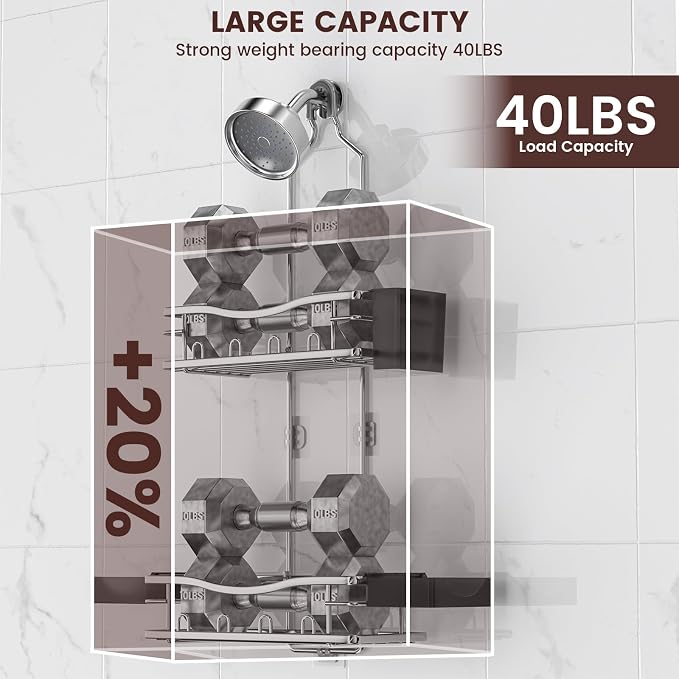 Rustproof Shower Caddy Hanging with Soap Holders for Bathroom, Silver | Shower Organizer with Multi Hooks Toothbrush Holder, No Drilling, Anti-Swing, Storage for Shampoo Conditioner Body Wash