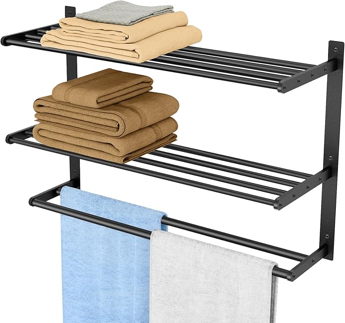 Bethom Bathroom Towel Rack with 2 Bars, 24 Inch Towel Shelf, Matte Black | 3-Tier Hotel Towel Racks for Bathroom Wall Mounted, Bath Towels Storage, Stainless Steel