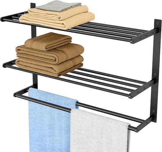 Bethom Bathroom Towel Rack with 2 Bars, 24 Inch Towel Shelf, Matte Black | 3-Tier Hotel Towel Racks for Bathroom Wall Mounted, Bath Towels Storage, Stainless Steel