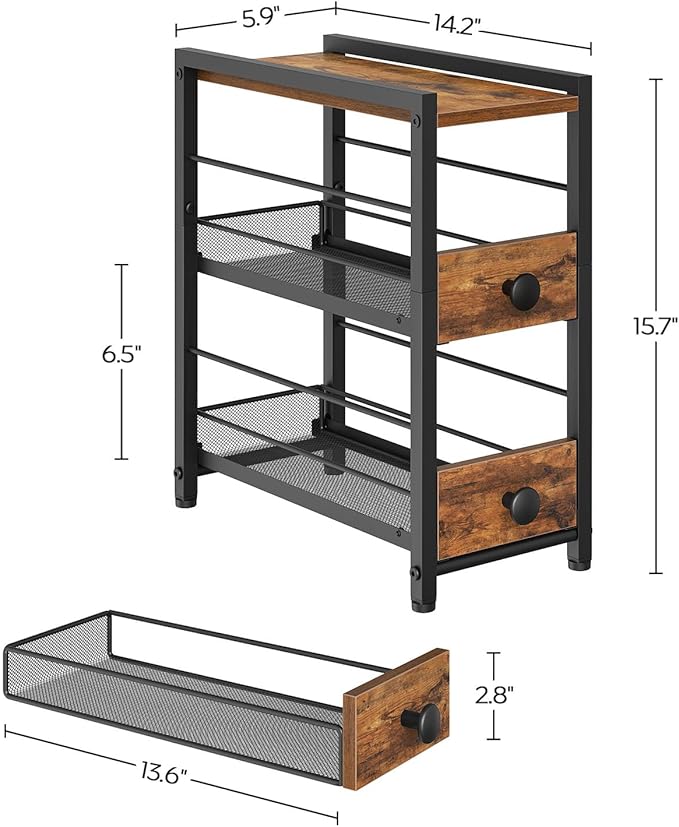 Spice Rack, 3-Tier Pull Out Spice Rack Organizer for Countertop, Narrow Kitchen Countertop Storage Shelf with 2 Drawers, for Kitchen, Cafe, Rustic Brown and Black SR02BR