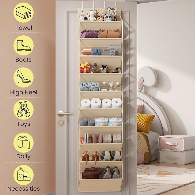 Mefirt 20-25 Pairs Over the Door Shoe Organizer, Clear Pockets Shoe Rack for Closet Door, 10-Tier Hanging Shoe Rack for Boots, Behind the Door Shoe Holder Fit All the Family's Sneakers, Heels, Beige
