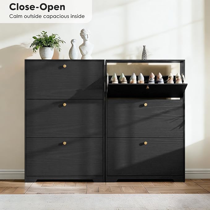 Nicetree Shoe Cabinet with 3 Flip Drawers, Entryway Shoes Organizer, Black | Narrow Shoe Organizer, Freestanding Shoe Rack Cabinet, Modern Shoe Storage Cabinet for Entryway, Hallway, Foyer, With Hook