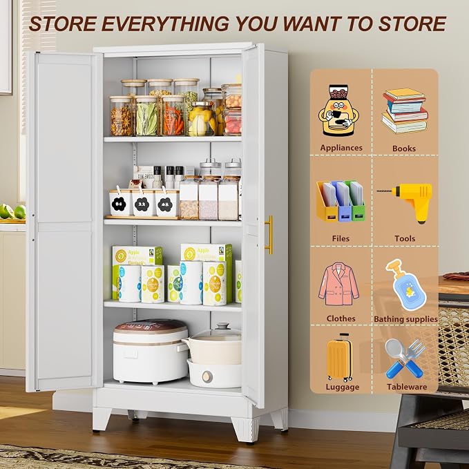 61" White Metal Storage Cabinet with 2 Doors and 3 Adjustable Shelves,Steel Garage Tool Cabinet, File Cabinet,Kitchen Pantry Cabinet for Home,Office,Garage,School,Warehouse