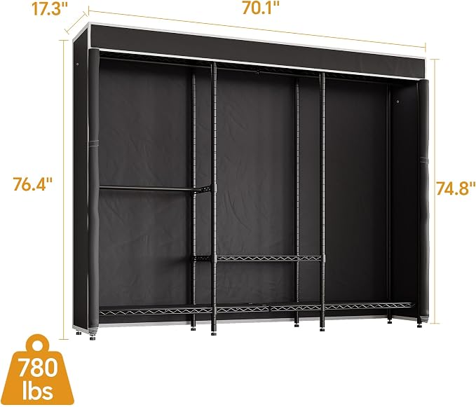 Higeego H8 Heavy Duty Clothes Rack with Cover, Black Portable Closet | Garment Rack with Cover, Clothing Rack for Hanging Clothes, Black Closet Rack with Oxford Dustproof Cover, Closet Organizer