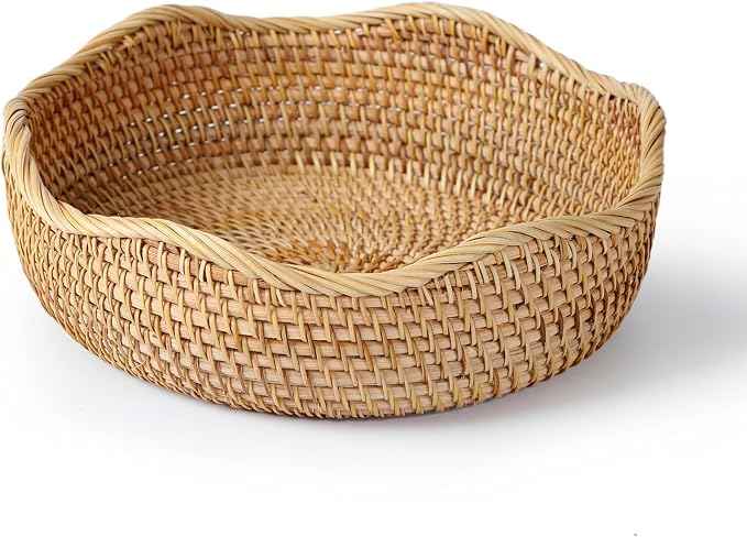 YANGQIHOME Rattan Bread Basket, Round Fruit Baskets, Wicker Storage Bowls, Natural Woven Serving Basket Bowls, Decorative Baskets for Kitchen Counter Organizing (Natural M)