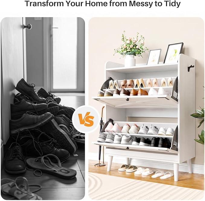 YZ HOME Shoe Storage Cabinet with 2 Flip Drawers | Entryway Shoe Cabinet, Metal Hooks & Adjustable Shelves, Freestanding Narrow Shoe Rack for Hallway Foyer, White