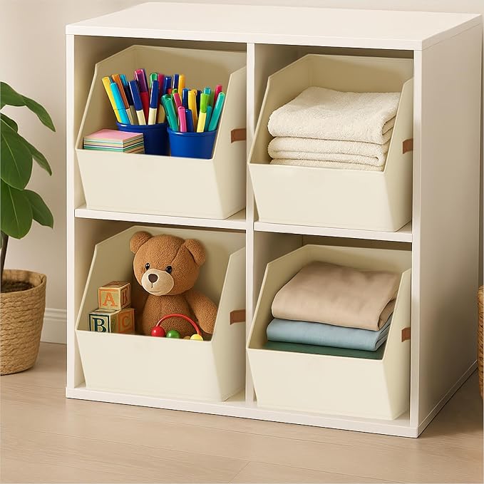 Homsorout Large Closet Storage Cubes - Closet Storage Bins with Dual Handles for Clothes, Towels, Toys, Shelf Organizer Bins for Bedroom, Nursery, Shelves, Small Spaces, Beige, 4 Pack