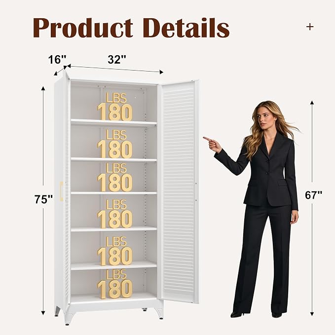 SteeLoong 75" Metal Storage Cabinet with Doors and 5 Adjustable Shelves | Kitchen Pantry Cabinet,White Tall Freestanding Cupboard with Gold Handle,Steel Garage Cabinets for Tool,Office,Kitchen,School
