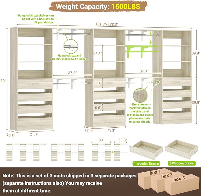 Aheaplus Closet System Set of 3, 138.5" Wood Closet Organizer System Tower with 12 Drawers & 4 Hanging Rods, 6.7+4.85Ft L Shaped Walk-in Closets Wardrobe Organizer Garment Rack with Shelf, White Oak3