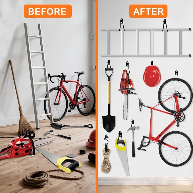 Heavy Duty Garage Hooks Storage, Anti-Slip Steel Wall Mount Multi-Size Utility Hangers Organizer for Ladders, Bikes, Garden Tools, Hose with 32 Screws Hardware Kit (Black, 20 Pack)