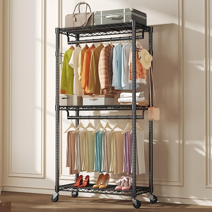 OLIXIS Rolling Clothes Rack, Heavy Duty Garment Rack, 35 IN, Metal Black | Adjustable Closet Organizer for Hanging Clothes, Portable Closet with 2 Side Hooks