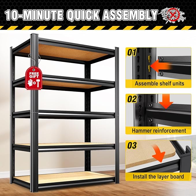 78" H Garage Shelving Heavy Duty Storage Shelves, Metal Adjustable Shelving Unit, Utility Garage Organizer Shelf for Basement, Pantry, Kitchen, Warehouse, 78" Hx45.6 Wx19.7 D, Black
