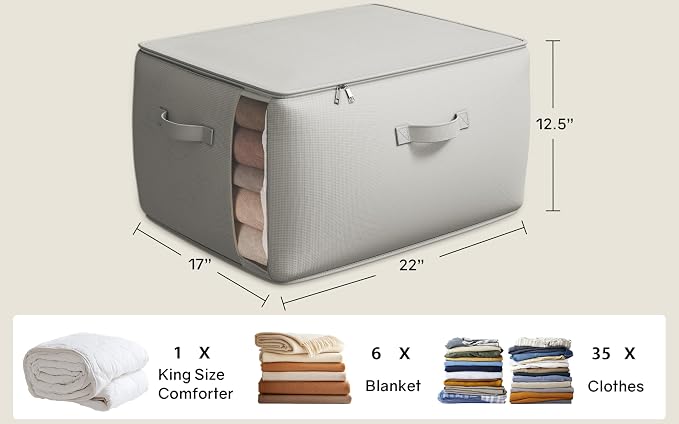 Vailando Large Canvas Comforter Storage Bags Closet Organizer for Clothes Sweater Clothes Organizer with Dual Zipper Three Carrying Handles for Blanket Closet Storage Container, 4 Pack, Grey