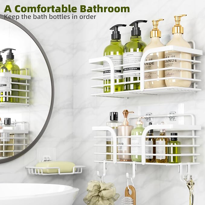 Yougai Shower Caddy, Shower Organizer with Soap Holder and Hooks, Rustproof Shower Shelves, No Drilling Bathroom Organizers and Storage, Wall-Mounted Kitchen & Home Decor (White)