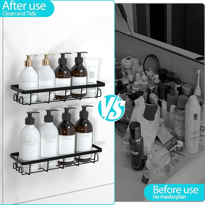 Shower Caddy Organizer with Hooks,Self Adhesive Bathroom Shelves,No Drilling Bathroom Organizers and Storage,Perfect for RV, Apartment, Home Decor,Black 4PCS