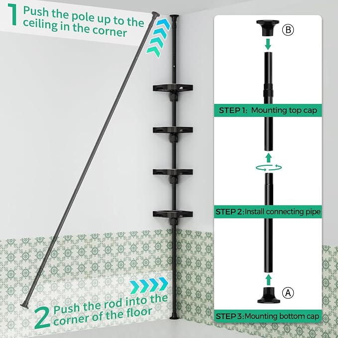 shuang qing 4-Tier Corner Shower Caddy Tension Pole Organizer - Adjustable Rustproof Metal Tension Pole, Plastic Shelves with Safety Guardrail, Bathroom Storage for Shower & Bathtub(Black)