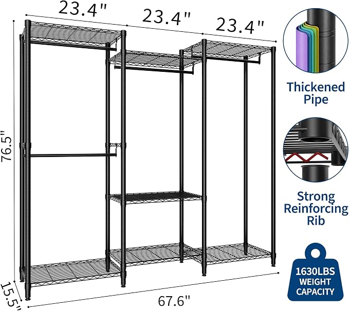 Clothes Rack, Free Standing Garment Rack for Hang Clothes, Adjustable Clothing Closet with 4 Sturdy Rods & 7 Storage Shelves, Portable Wardrobe Racks & Easy Assembly, 76.5"H x 67.6"L x 15.5"W ﻿ ﻿