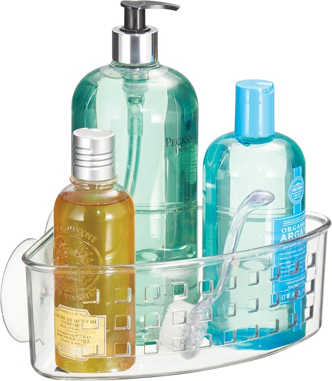 iDesign Plastic Suction Cup Corner Shower Basket, Clear | Bathroom Storage, Made in USA